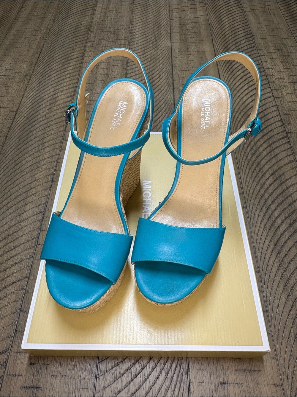 Michael Kors Teal Leather Espadrille Wedge Sandals with Ankle Strap